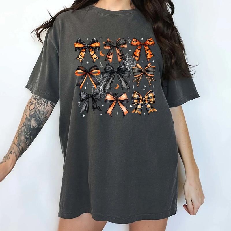 Gothic Coquette Bow Halloween Shirt, Cute Girly Halloween Bow Tee, Black Coquette Tshirt for Girls, Girly Bows T-shirt for Women, Vintage Black Bow Shirt, Spooky Season Shirt, Casual Women's Tops, Oversized Womenswear, Unhinged Cotton Fit Chic Style