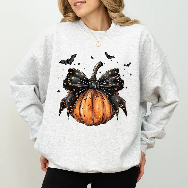 Gothic Coquette Bow Pumpkin Sweatshirt, Halloween Pumpkin Crewneck For Girls, Cute Girly Pumpkin Sweater, Vintage Halloween Pumpkin Sweatshirt, Spooky Season Outfits, Soft Cotton Long Sleeve Pullover, Unhinged Oversized Women's Top, Fall Casual Womenswear