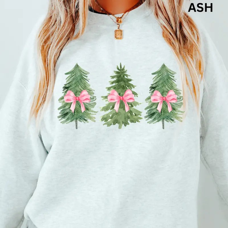 Green Tree with Pink Bow Crewneck, Christmas Winter Sweatshirt, Merry Christmas Sweatshirt, Christmas Sweatshirt, Winter Season Graphic, Casual Cotton Crewneck, Polyester, Oversized