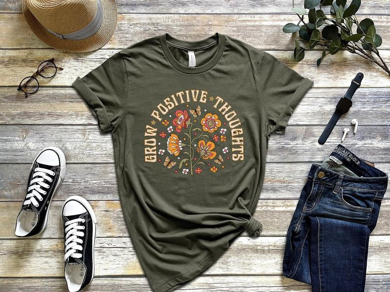 Grow Positive Thoughts Tee, Floral T-shirt, Bohemian Style Shirt, Butterfly Shirt, Trending Right Now, Women's Graphic T-shirt, Love  T-shirt, sweater and Hoodie
