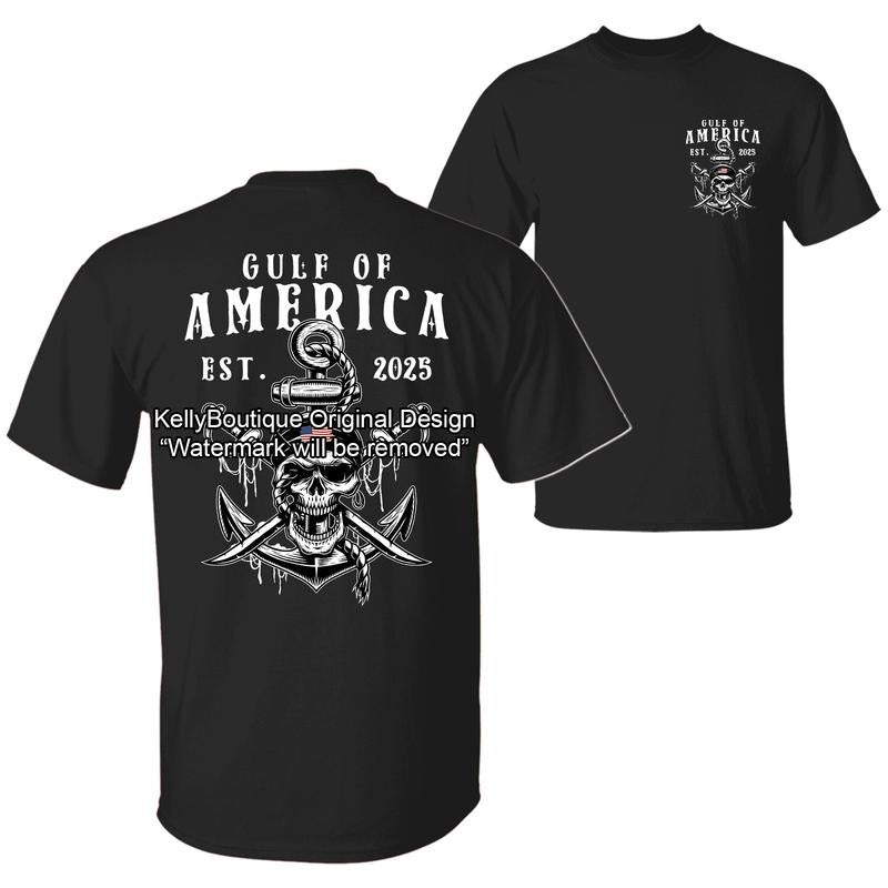 Gulf of America Est 2025 with Pirate Jolly Roger Skull and Anchor American Flag Design 2 Sided Unisex Cotton T-shirt for Men for Women Menswear Womenswear Top