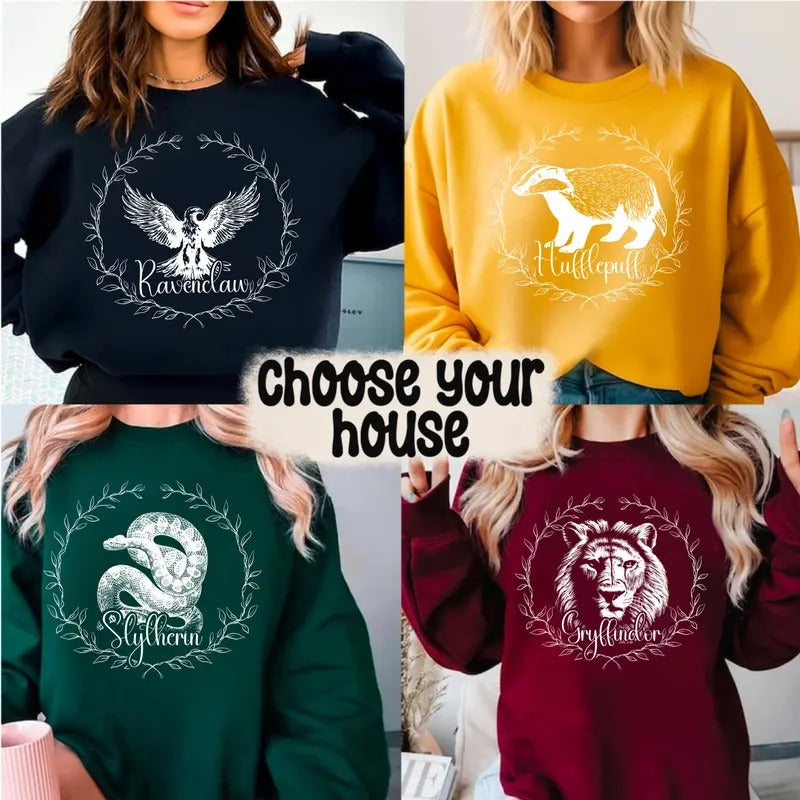 H Potter House Sweatshirt, Gryff Sly Rav Huff Hoodie, Book Sweatshirt, Wizard, Witch, Potter Head Shirt, Hogwarts House Unisex Soft Crewneck Pullover Long Sleeves Graphic Fabric Sweater