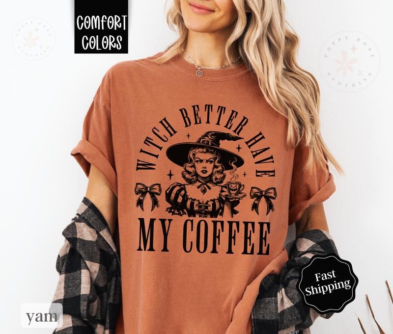 Halloween Coffee Shirt Comfort Colors, Funny Halloween Tshirt for Women,  Spooky Season Shirt Oversized Crewneck Tee