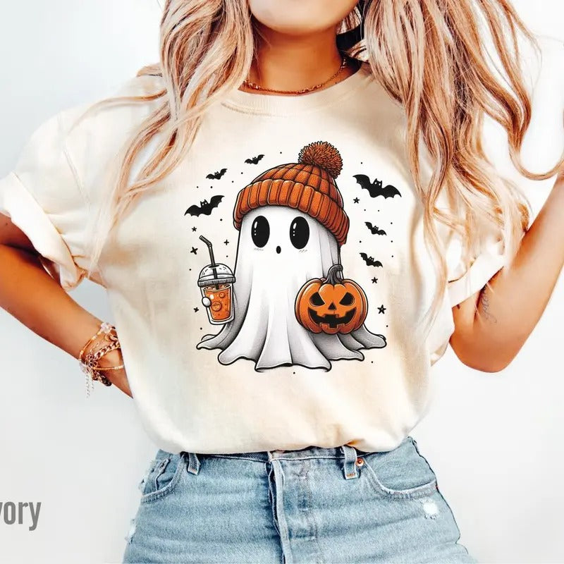 Halloween Ghost Shirt, Ghost Fall Sweatshirt, Cute Ghost Shirt, Womens Halloween Shirt, Ghost Halloween Coffee Sweatshirt, Spooky Season Shirt, tshirt hot trend 2025