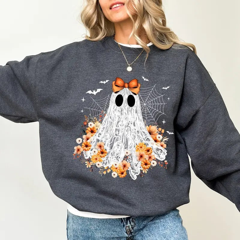 Halloween Lace Ghost Sweatshirt, Spooky Coquette Boo Crewneck for Girls, Vintage Girly Ghost Sweater For Women, Floral Lacey Ghost Sweatshirt, Cute Spooky Season Crewneck, Soft Cotton Long Sleeve Pullover, Unhinged Women's Tops, Cozy Casual Womenswear