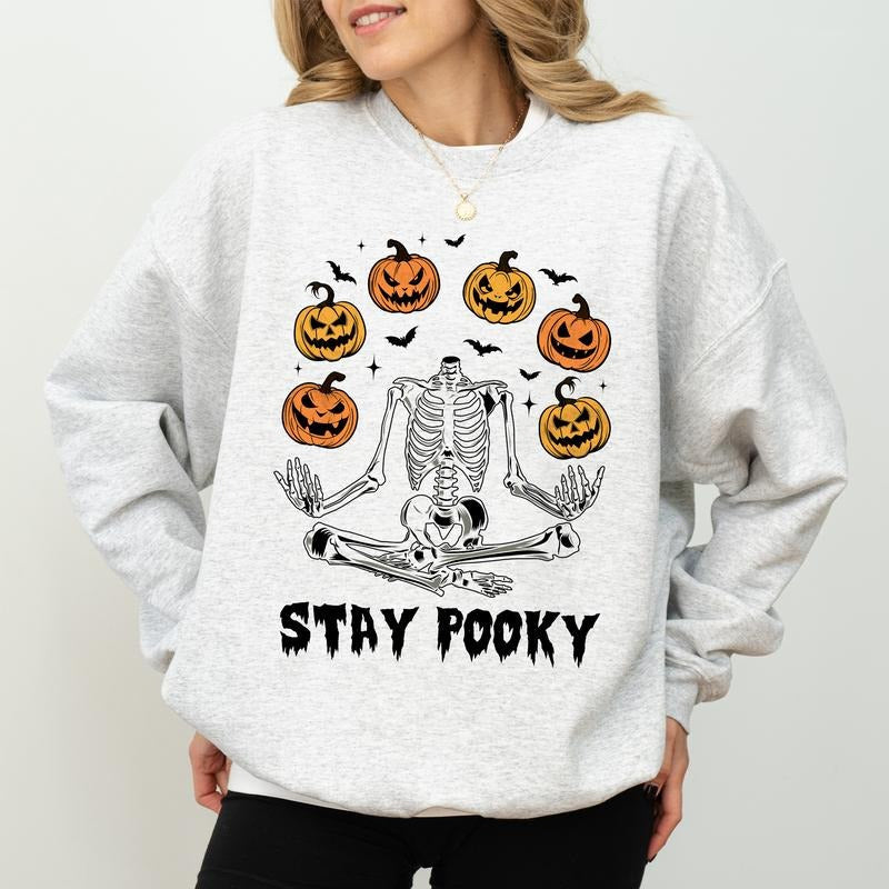Halloween Skeleton Stay Spooky Sweatshirt, Funny Halloween Skeleton Crewneck, Spooky Season, Scary Pumpkin Sweater, Spooky Vibes Sweatshirt For Women, Comfy Long Sleeve Pullover, Cute Women's Tops, Fall Winter Casual Womenswear, Comfort Fabric Cotton Top