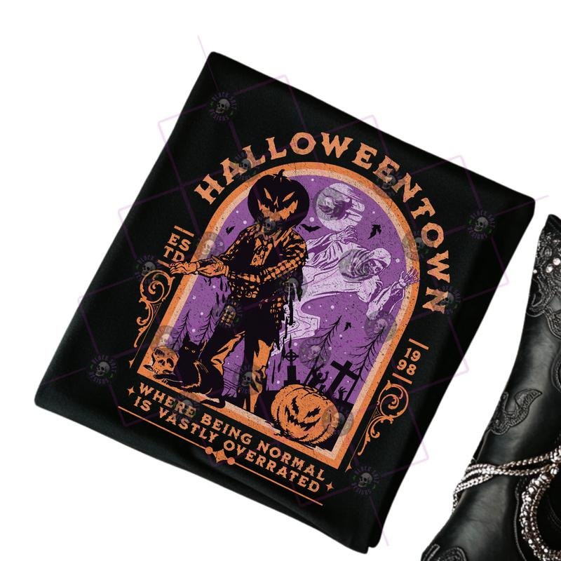 Halloween Town Halloweentown Chilling & Thrilling Black Halloween Crewneck T Shirt with Neon Cauldron Witches Hat Bats and Pumpkins Graphic in Circle Design Short Sleeve Unisex Sizing Casual Top Streetwear Menswear Festive