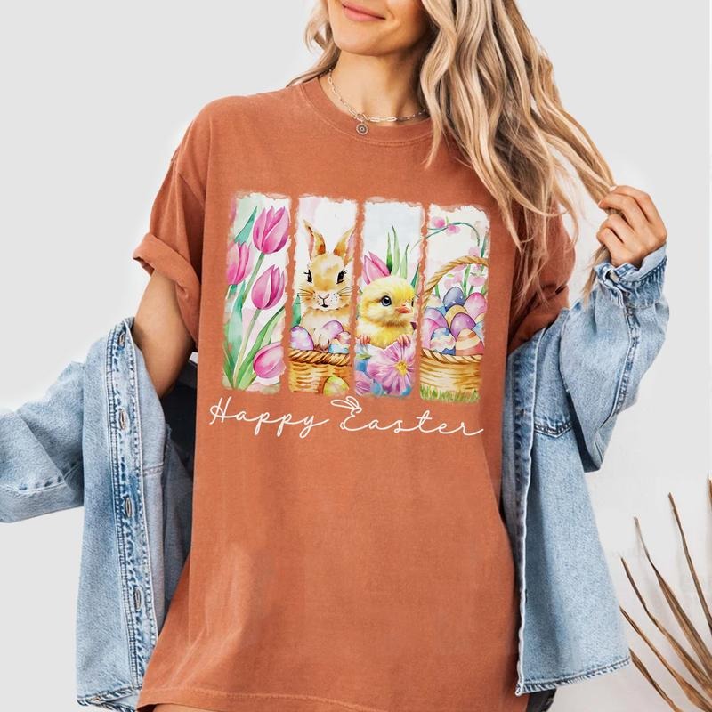 Happy Easter Shirt, Bunny Chick and Egg Basket Tee, Watercolor Spring Sweatshirt for Women, Cute Easter Graphic Shirt