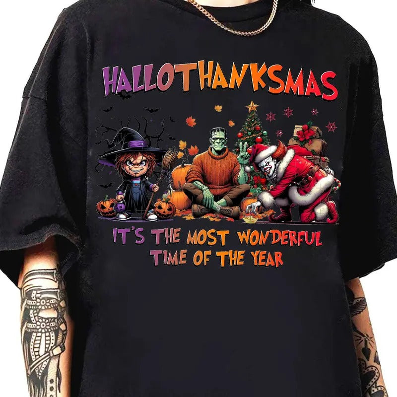 Happy Hallothanksmas Shirt, Funny Christmas Horror Shirt, Fall Pumpkin Shirt, Horror Friends Shirt