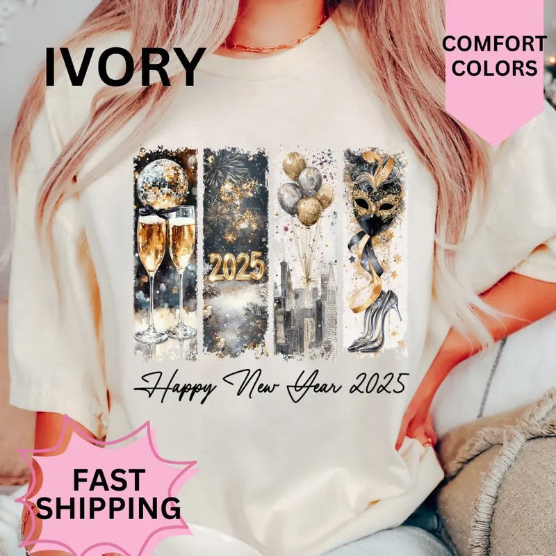 Happy New Year 2025 Shirt, Comfort Colors, Christmas Coquette Shirt, Women's Holiday Tee, Casual Comfy Graphic