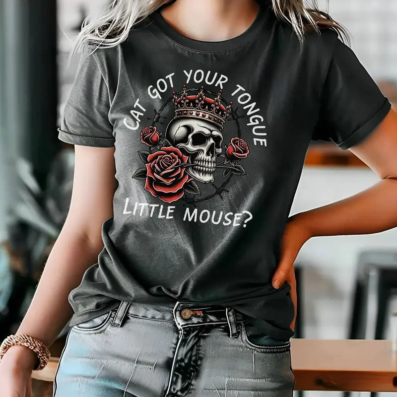 Haunting Adeline T-Shirt, Run Little Mouse Tshirt, Dark Romance Merch, Smut Reader, Women's Book Lover Gift, Rose Skeleton, Cat Got Your Tongue Womenswear Crewneck Short Sleeves Graphic Fabric Tee