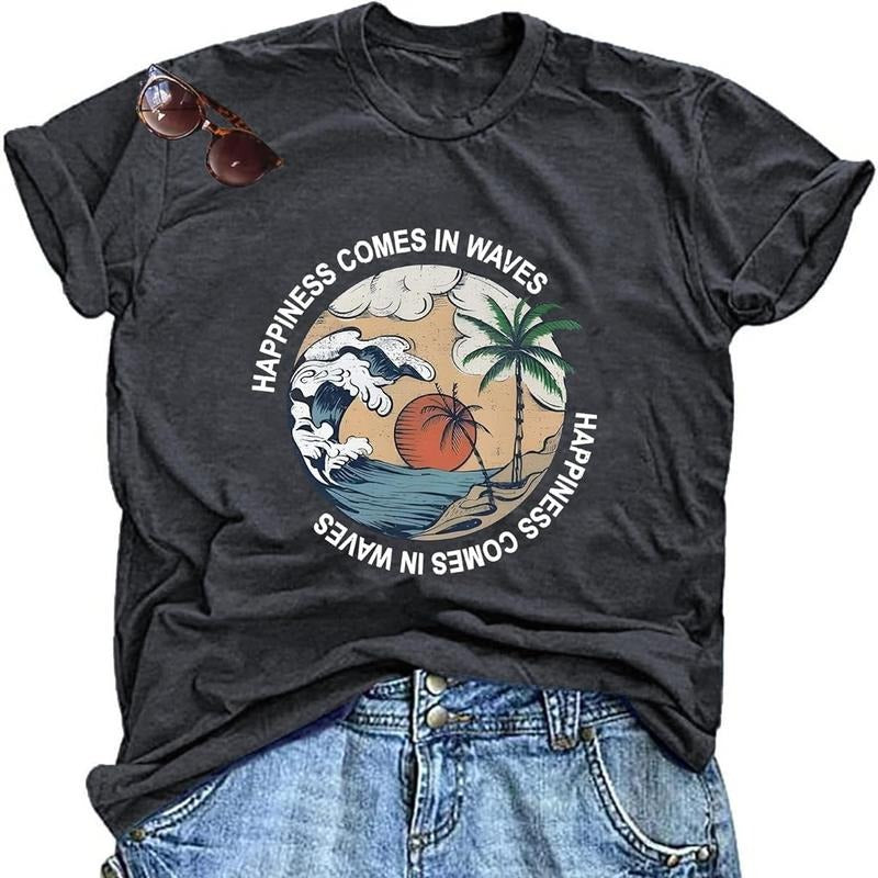 Hawaiian Shirts for Women Beach T-Shirt Tropical Graphic Tees Summer Vacation Happiness Comes in Waves Short Sleeve Tops