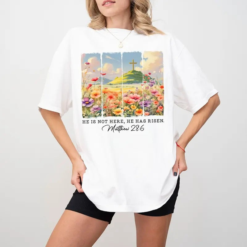 He Has Risen Easter Shirt, Matthew 28:6 Christian Tee, Faith-Based Resurrection Shirt, Floral Cross Easter Graphic Tee