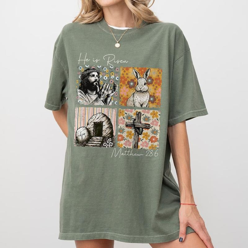 He Is Risen Easter Shirt, Matthew 28:6 Christian Tee, Faith-Based Resurrection Shirt, Floral Jesus Cross Tomb Bunny Graphic Tee