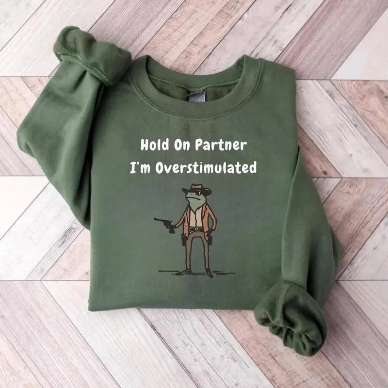 Hold On Partner Im Overstimulated Sweatshirt, Cowboy Frog Shirt, Gen Z Shirt Funny Meme Shirt Unisex, Gift for Men and Women Menswear Hoodie