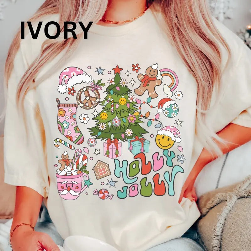 Holly Jolly Doodle Shirt, Christmas Shirt, Comfort Colors Christmas Shirt (COMFORT COLORS T-SHIRT, CASUAL SHIRT UNISEX, CHRISTMAS CLOTHING, GRAPHIC APPAREL, HOLIDAY SHIRT) Cotton Fabric Womenswear Top Printed Oversized Women