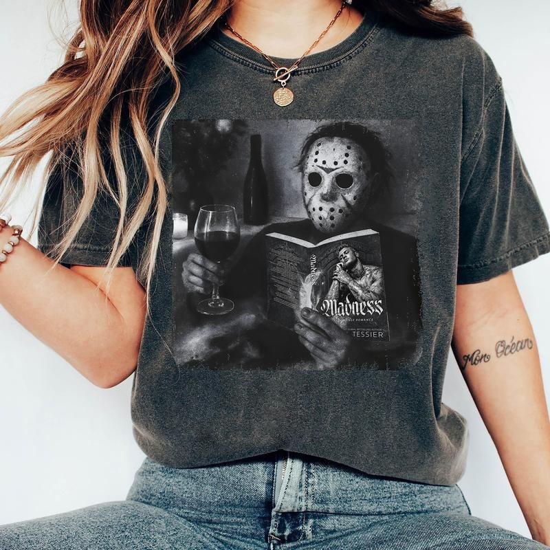 Horror Relaxation T-Shirt, Funny Masked Killer Reading Madness Sweatshirt, The Lords Series Hoodie, Spooky Book and Wine Tee, Dark Humor Halloween, Creepy Cozy Art