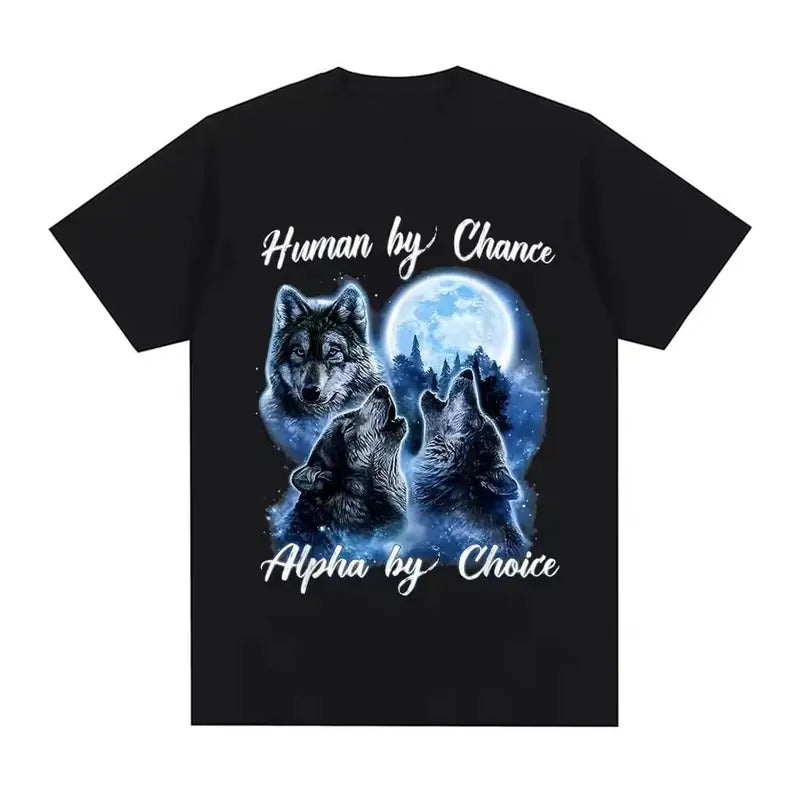 Human By Chance Alpha By Choice Wolf Vintage Graphic T-shirt Men Fashion Hip Hop Vintage Short Sleeve T-shirts Cotton Oversized T Shirts y2k