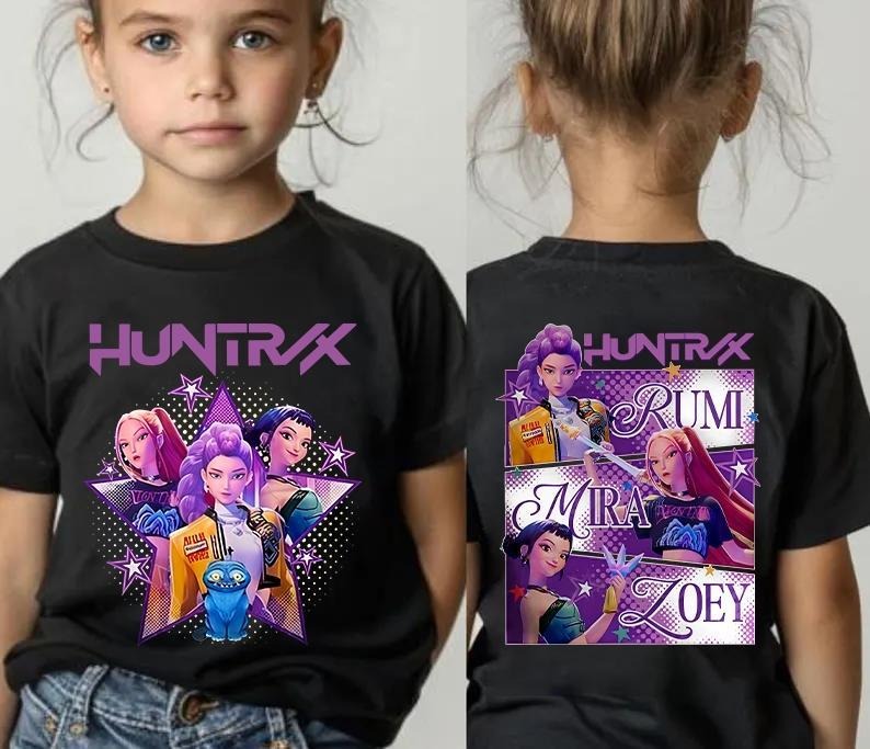 Huntrix Girls Kpop Demon Hunters Kid Shirt, Anime Comic Style Pullover Featuring Rumi Mira Zoey, Girl Magical Warrior Fan Art