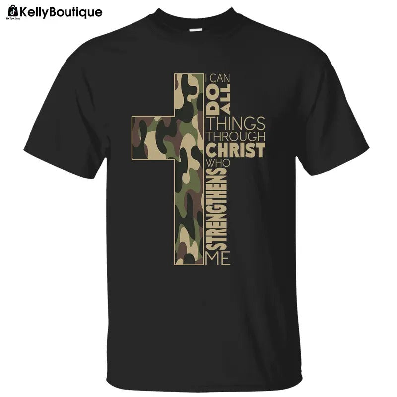 I Can Do All Things Through Christ Who Strengthens Me Camo Christian Philippians Cross Graphic Printed Unisex Classic Cotton T-shirt Hoodie Sweatshirt