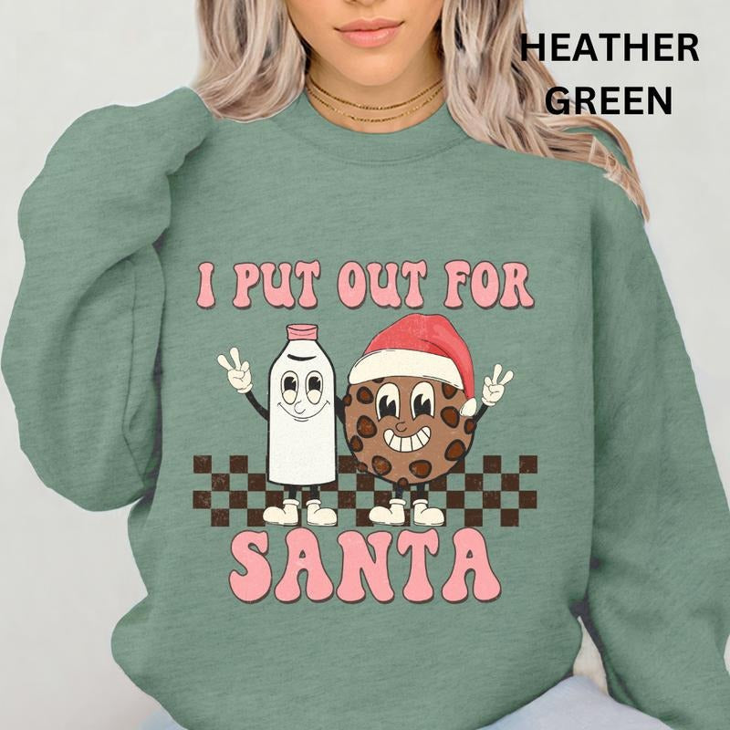 I Put Out For Santa Crewneck, Christmas Sweatshirt, Winter Season Graphic, Casual Cotton Crewneck, Polyester, Oversized