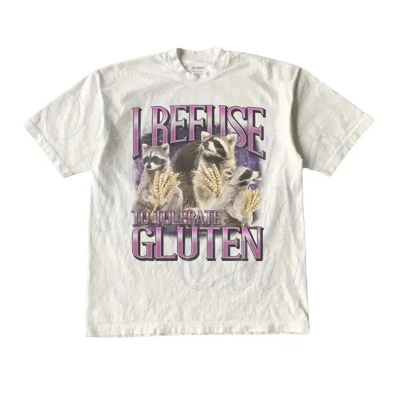 I Refuse To Tolerate Gluten Graphic Tshirt, Unisex Funny Retro Raccoon Shirt, Funny Meme Tee, Vintage Style Cotton ,Gluten Shirt Top