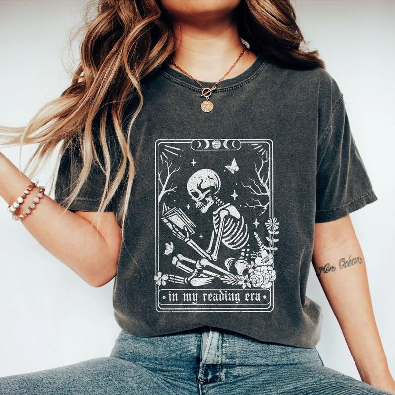 In My Reading Era Shirt, Skeleton Reading Shirt, Book Lover Gift For Women, Comfort Shirt for Her, Book Lover Shirt, Gift For Librarian, Gift For Reader, Reading Shirt, Oversized Graphic Tee, Funny Skeleton Tee, Bookworm Shirt, Tarot Lover Tee Women Top