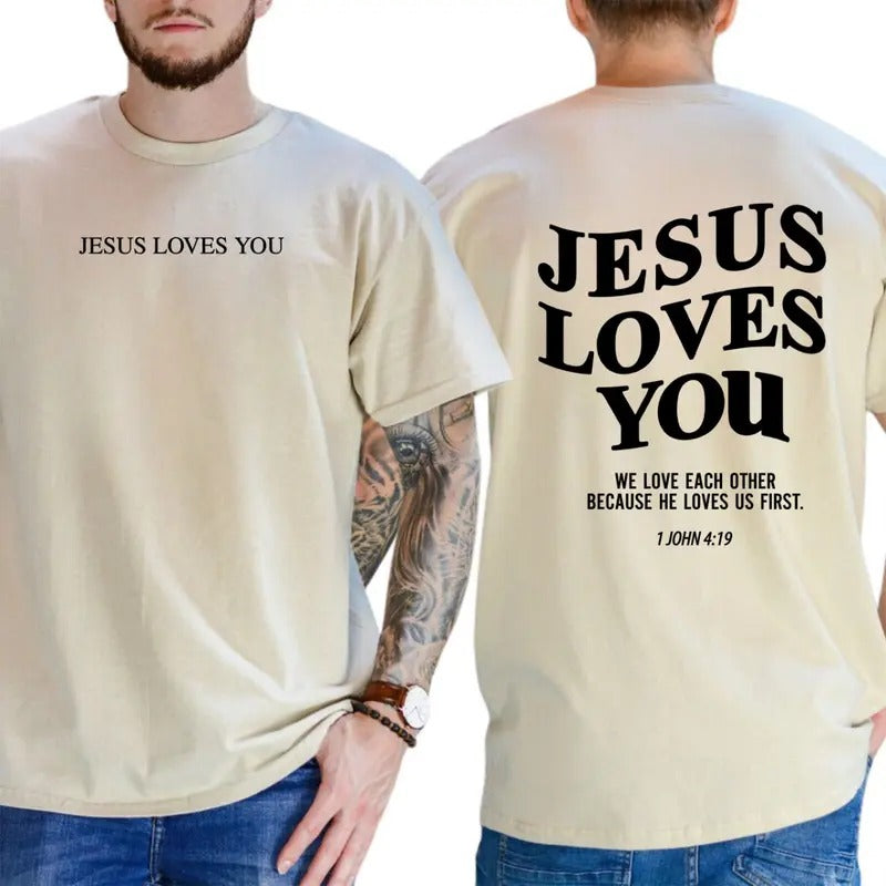 Jesus Loves You T-Shirt - Classic Christian Design with Bold Typography and Scripture, Perfect for Faithful Believers, Menswear Tops