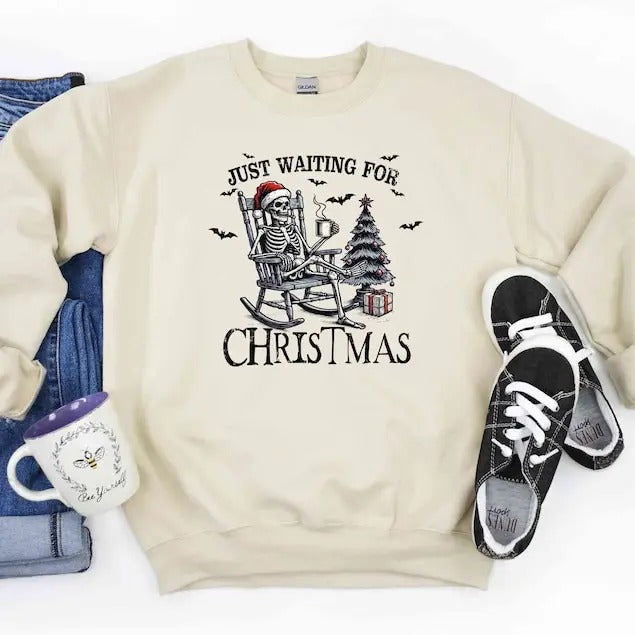 Just Waiting For Christmas Sweatshirt, Halloween Skeleton Sweater, Funny Halloween Crewneck, Skeleton Christmas Shirt, Spooky Season  T-shirt, sweater and Hoodie