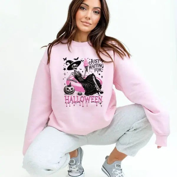 Just Waiting On Halloween Sweatshirt, Casual Pullover Sweater for Halloween, Witch - Skeleton Graphic Cotton Long Sleeve Cewneck Sweatshirt, Womenswear, Trendy Halloween Top