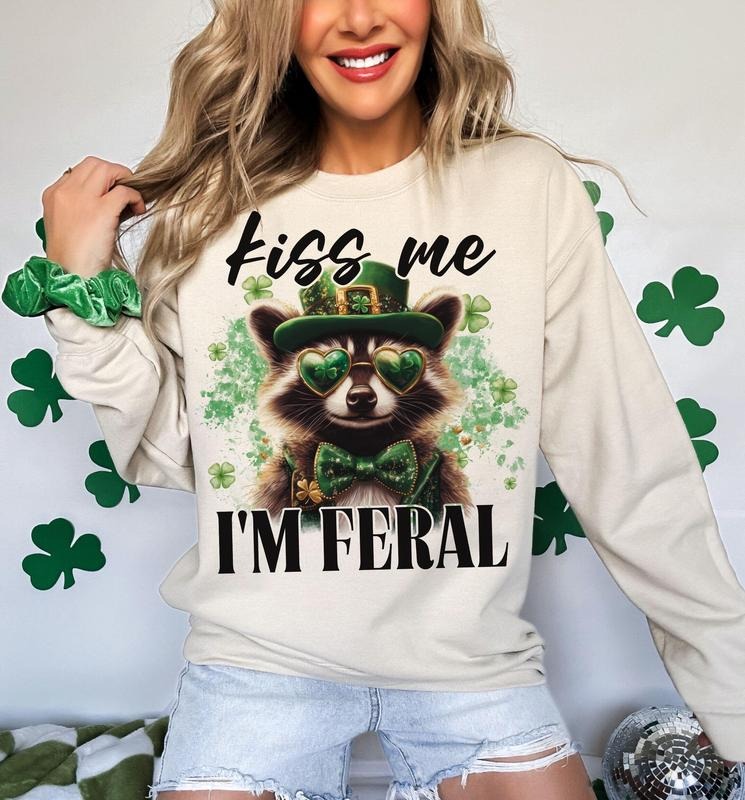 Kiss Me I'm Feral Raccoon St Patrick's Day Irish Raccoon Shamrock Hat And Bow Tie Funny St Patrick's Day