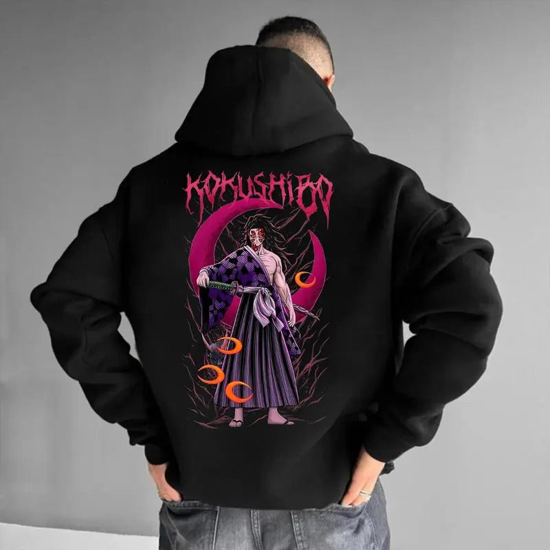 Kokushibo Demon Hoodie - 90s Slayer Style Graphic Design, Black Cotton Sweatshirt, Demon Slayer Anime Lovers, Black Color