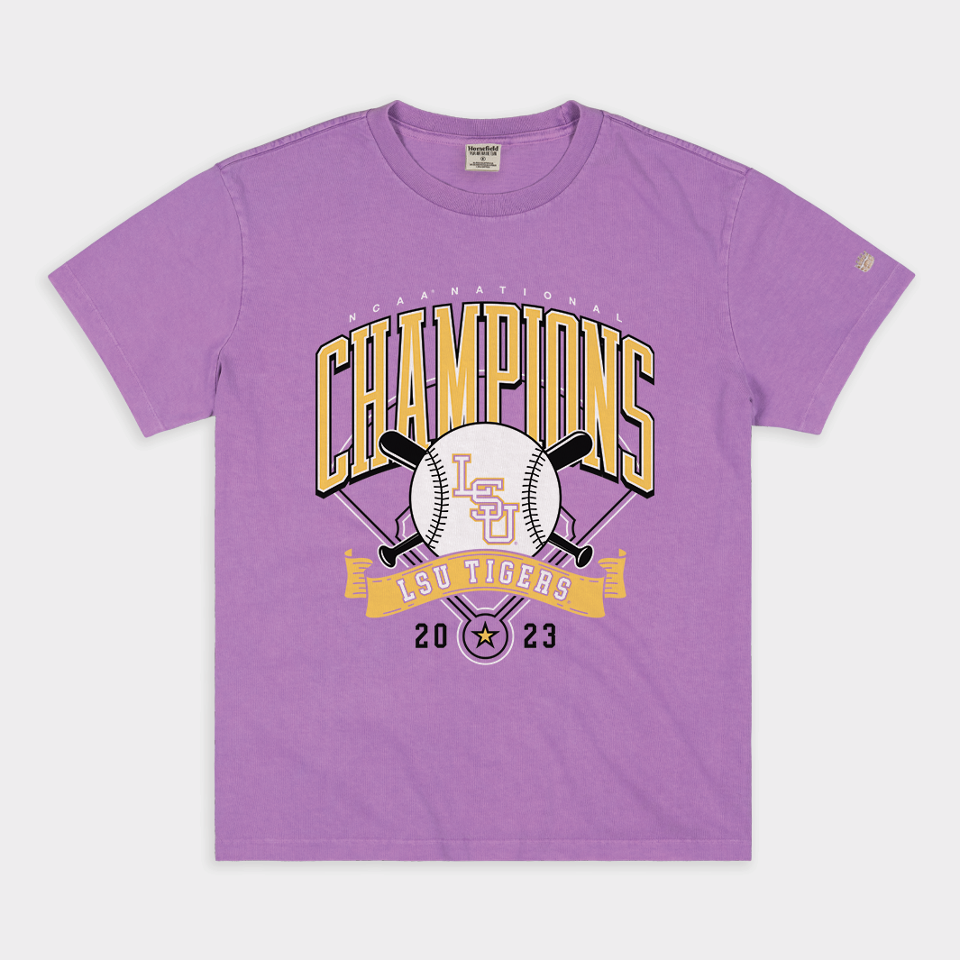 LSU 2023 NCAA Baseball Champs Purple Vintage Heavyweight Tee Style001
