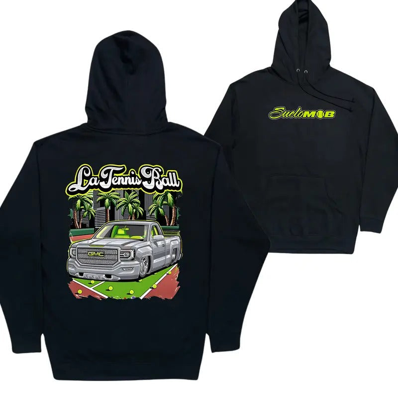 La Tennis Ball Pickup Truck Hoodie, Men's Car Lover Hoodie, Automotive Graphic Tennis Shirt, Casual Apparel for Car and Tennis Enthusiasts  Tops