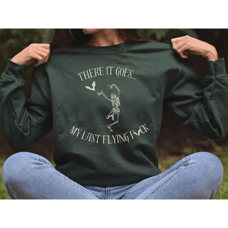 Last Flying Fck Halloween Skeleton Bat Sweatshirt Funny Oversized Pullover Sweater Hilarious Spooky Season There It Goes Humor Sarcasm  T-shirt, sweater and Hoodie