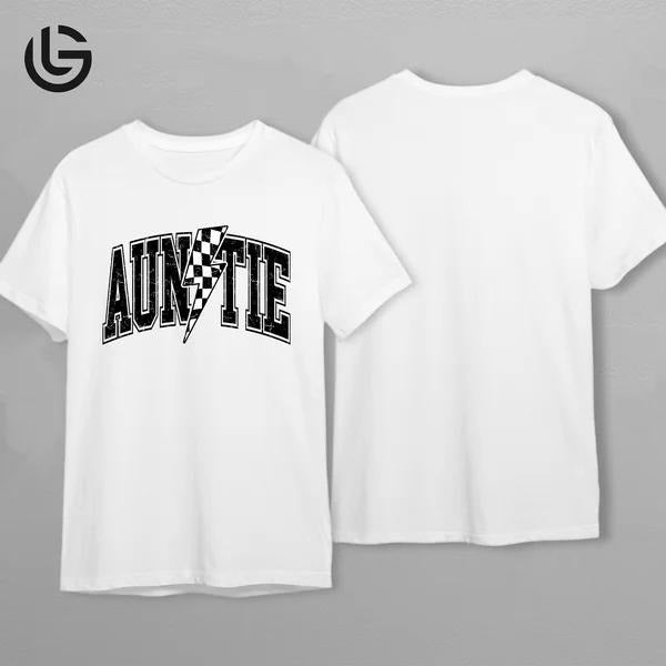 Latarshia Grant Store Auntie Graphic Tee Lightning Bolt Checkered Print Funny Racing Inspired Gift For Aunt