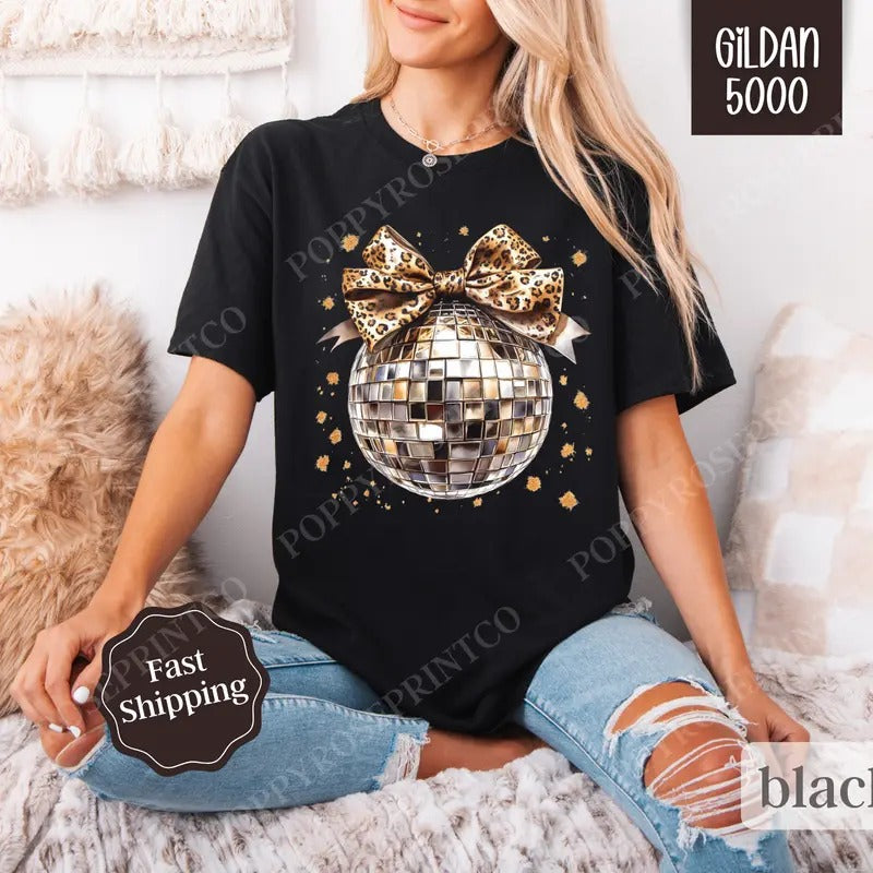 Leopard Disco Bow Shirt Gildan, New Year's 2025 Women's Tee,  NYE Women's Tshirt Plus Sizes