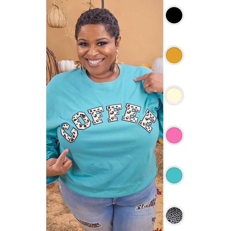 Leopard Ideal Chenille Coffee Graphic Boyfriend Long Sleeve T-Shirt