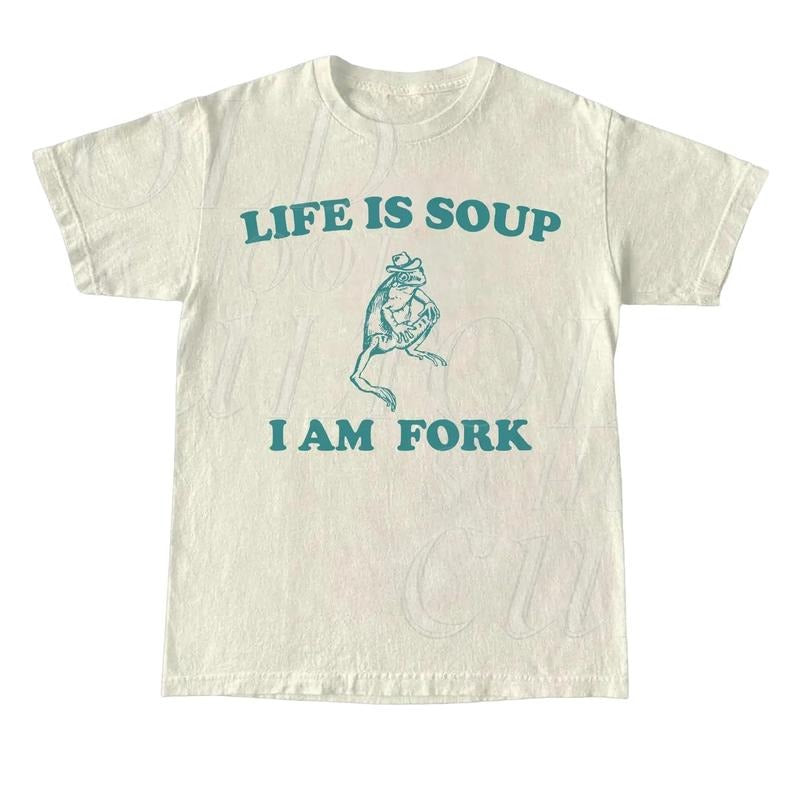 Life Is Soup I Am Fork Frog Graphic T Shirt, Unisex Funny Retro Shirt, Funny Frog Meme Tee, Vintage Style Relaxed Cotton Shirt, Frog Lovers