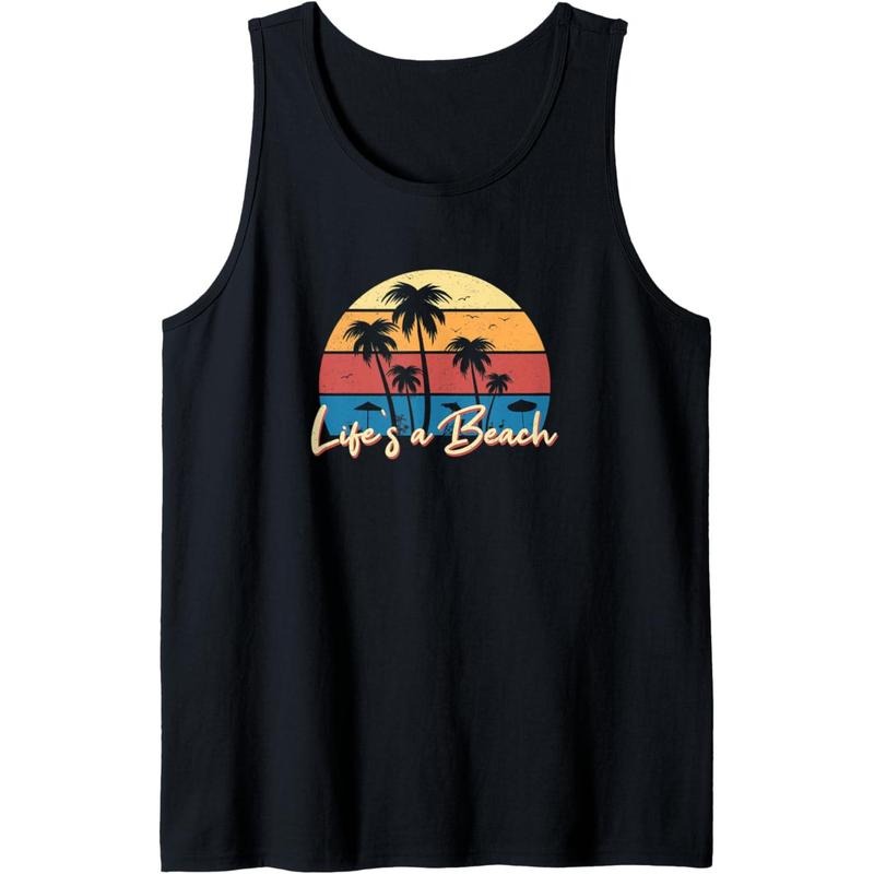 Life's a Beach Funny Retro Palm Tree Vacation Summer gifts Tank Top MADE IN USA