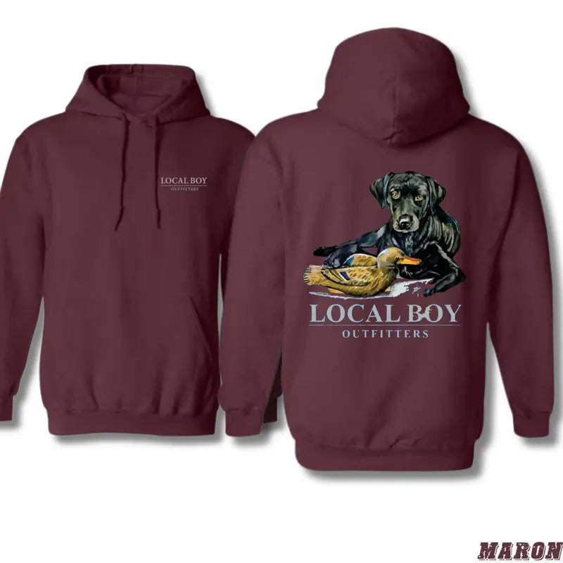 Local Boy Outfitters Duck Hunting Hoodie - Classic Retriever and Duck Graphic for Outdoor Enthusiasts, Unisex Hoodie for Nature Lovers and Casual Wear