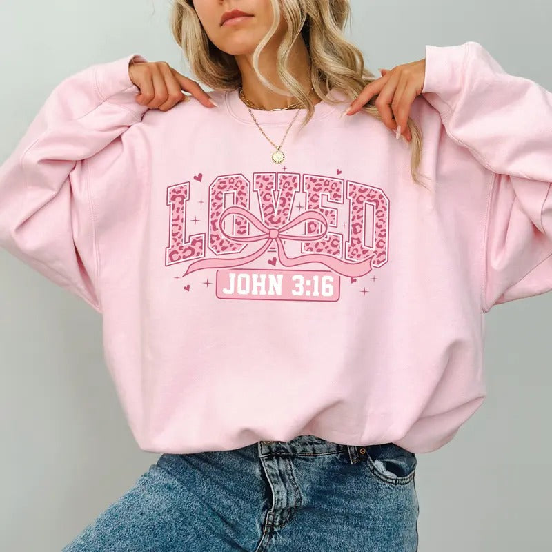 Loved John 3:16 Sweatshirt, Bible Verse Graphic Sweater, Coquette Pink Bow Crewneck, Valentine's Day Christian T-shirt