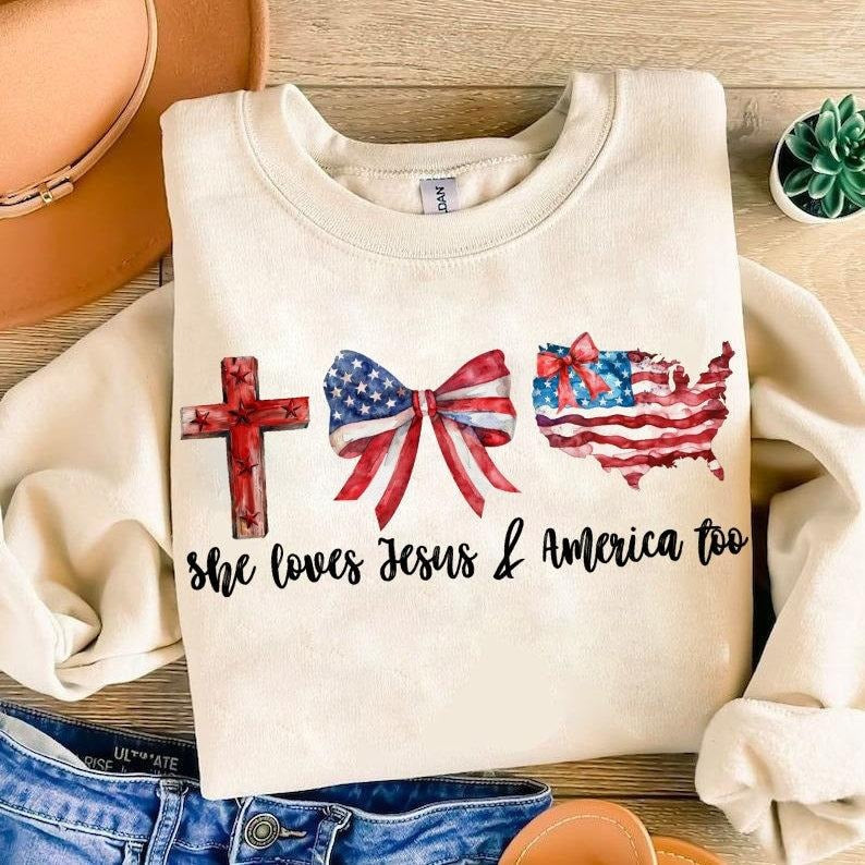 Loves Jesus and America Too, Coquette American Flag, Independence Day, Christian Cross, Freedom, Red White Blue  T-shirt, sweater and Hoodie