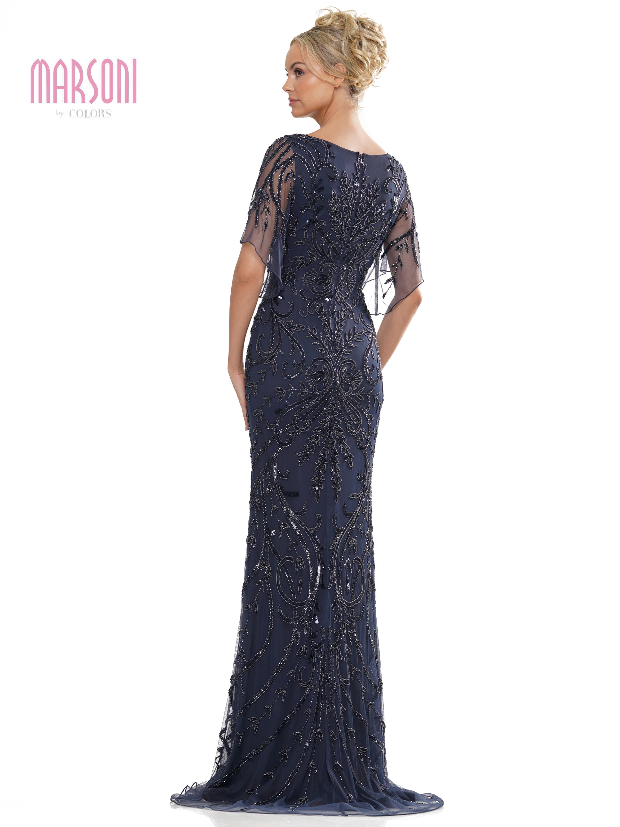 Marsoni MV1261 Mother of the Bride Long Beaded Mesh Short Sleeve Dress