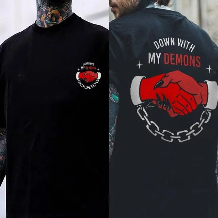 MY DEMONS letter print loose T-shirt - Double Sided Shirt, Sweatshirt, Hoodie, Gifts for the Man of Character, Motorcycle Shirt, Unisex Shirt, Naughty Clothes Men, Menswear Classic, Classic Cotton Fabric, Classic Menswear Oversized Pocket Sport