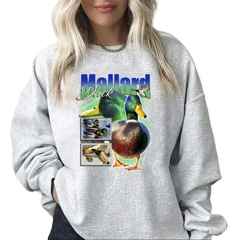 Mallard Duck Retro Graphic Sweatshirt Hunting Season Classic ,Unisex, Cotton, White Ash Fabric Womenswear Hoodie Medium