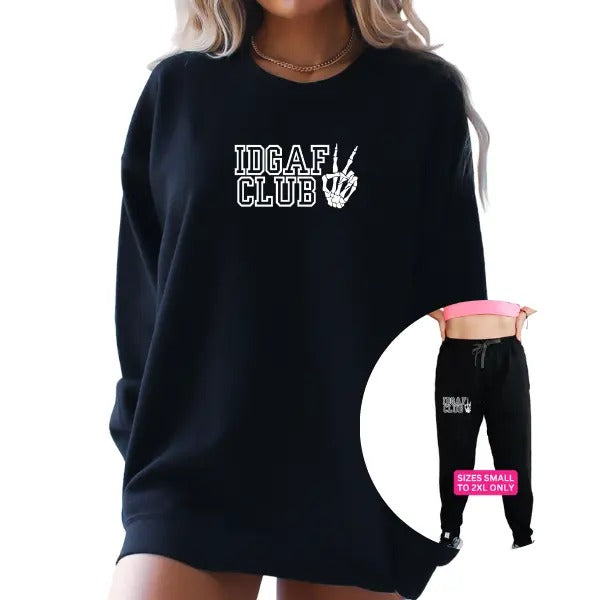 IDGAF Skull Hand Graphic Hoodie/Sweatshirt Outfit w/ Matching Sweatpants, Back Graphic -HATE YOU 2, Casual Gothic Streetwear, Womenswear, Long Sleeve