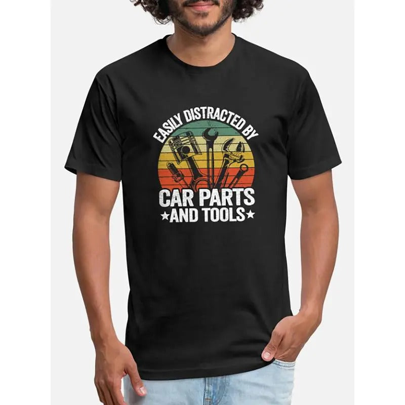 Mechanic's Humor Graphic T-Shirt - Funny Car Parts and Tools Design, Short Sleeve, Black, Men's Collection Made in USA