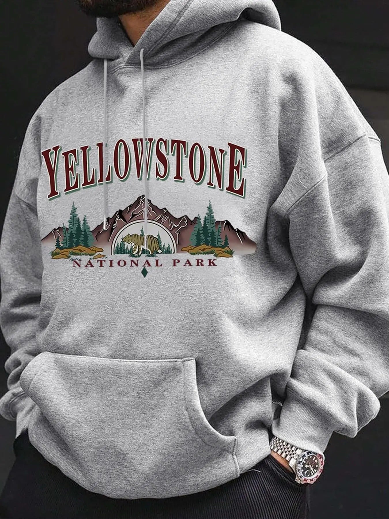 Men Yellowstone National Park Print Graphic Hoodie, Casual Regular Fit Hooded Sweatshirt for Fall & Winter , Fashion Men's Top for Daily Wear
