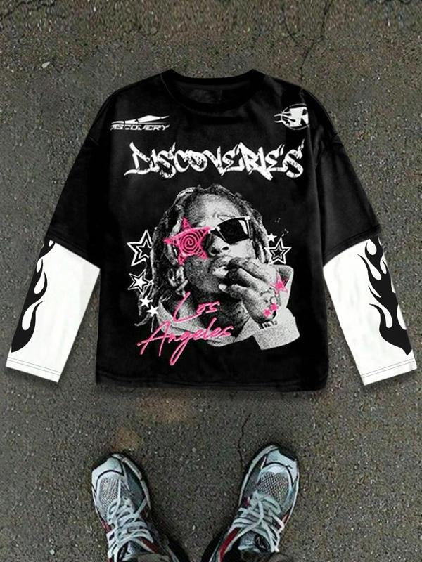 Men's 2 in 1 Patchwork Graphic Print Long Sleeve Tee, Regular Fit Casual Retro Street Round Neck T-shirt for Spring & Fall, Men's Top for Daily Wear